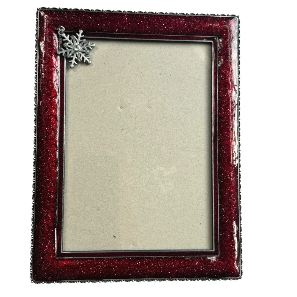 Red Glitter Snowflake Enamel 5x7 Picture Frame Sparkly Christmas Holiday Decor